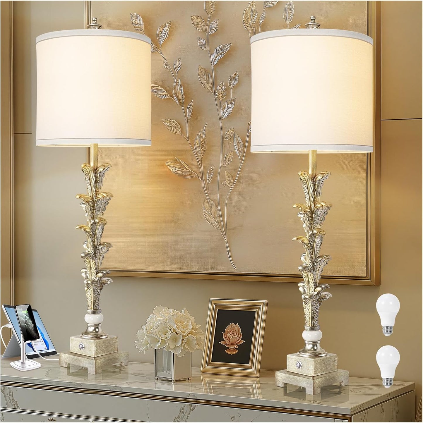 33'' Touch Control Table Lamp Set of 2, 3-Way Dimmable Buffet Lamps with USB A+C Ports and White Shade, Silver Leaf Finish Nightstand Lamps for Living Room Bedroom Office Study Dinning (Bulb Included)