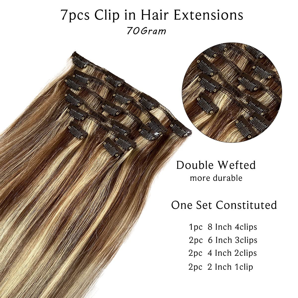 Ubetta Hair Extensions Clip in Human Hair, Chestnut Brown and Blonde Highlights, 22 Inch, 7 Pcs Double Weft Remy Human Hair Exte