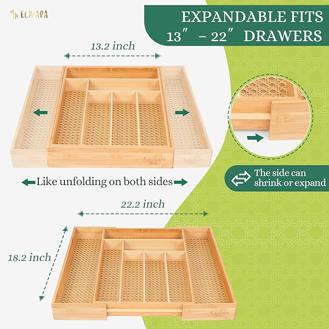 Bamboo & Rattan Expandable Drawer Organizer – Rustic Wood Utensil Holder, Cutlery Tray for Kitchen & Office – Adjustable Width 13" to 22", Size 13"x18"x2.6"