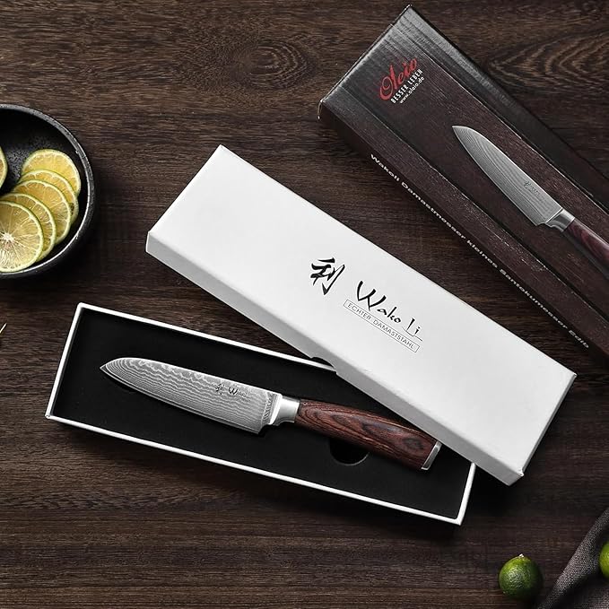 Wakoli EDIB Damascus Small Santoku Knife – 4.7-Inch Japanese Style Kitchen Knife | Genuine 67-Layer Damascus Steel Blade with VG10 Core | Ergonomic Pakkawood Handle | Multi-Purpose Cooking Knife