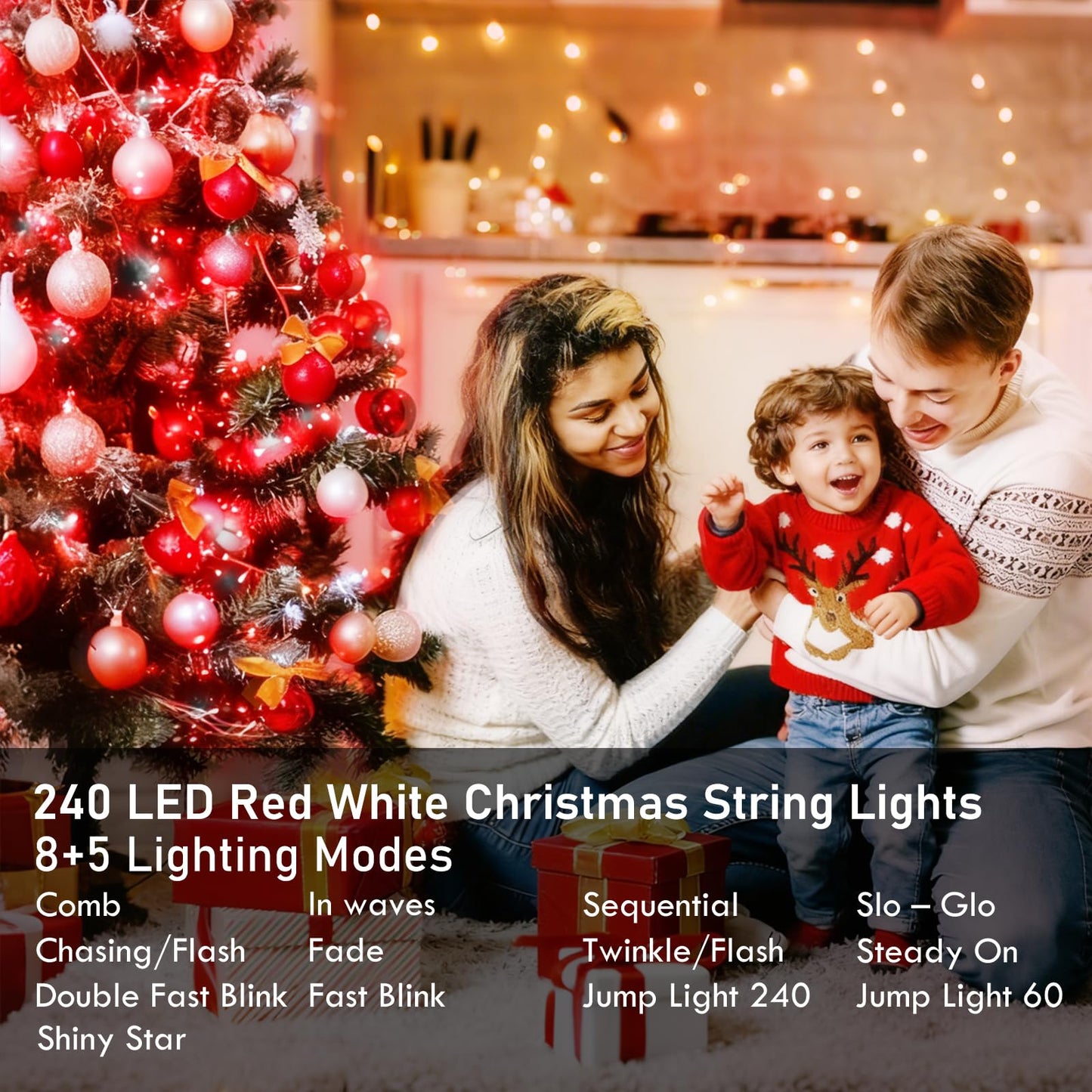 88Ft 240Led Extra-Long Connectable String Lights Indoor Outdoor Clear Wire  Red&White Christmas String Lights  Plug In Twinkle Fairy Light With Timer For Wedding Patio Tree Yard Christmas Decorations