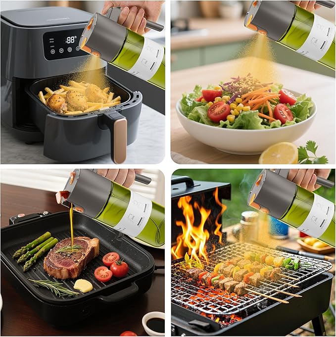 Upgrade 2 in 1 Oil Sprayer for Cooking, Olive Oil Dispenser Bottle for Kitchen Gadgets with Stickers, 17oz/500ml Food Grade Light-Blocking Glass Spray Bottle for Salad, Air Fryer, BBQ