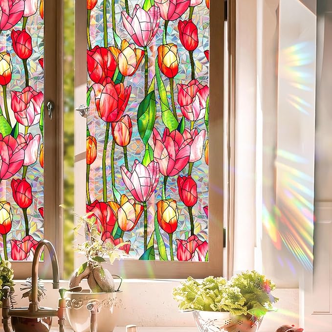 Stained Glass Window Film UV Resistant Window Privacy Film Red Floral Privacy Rainbow Decals Living Room Bedroom Sun Blocking Decor Removable Static Cling Stickers 17 x 78.74 Inch