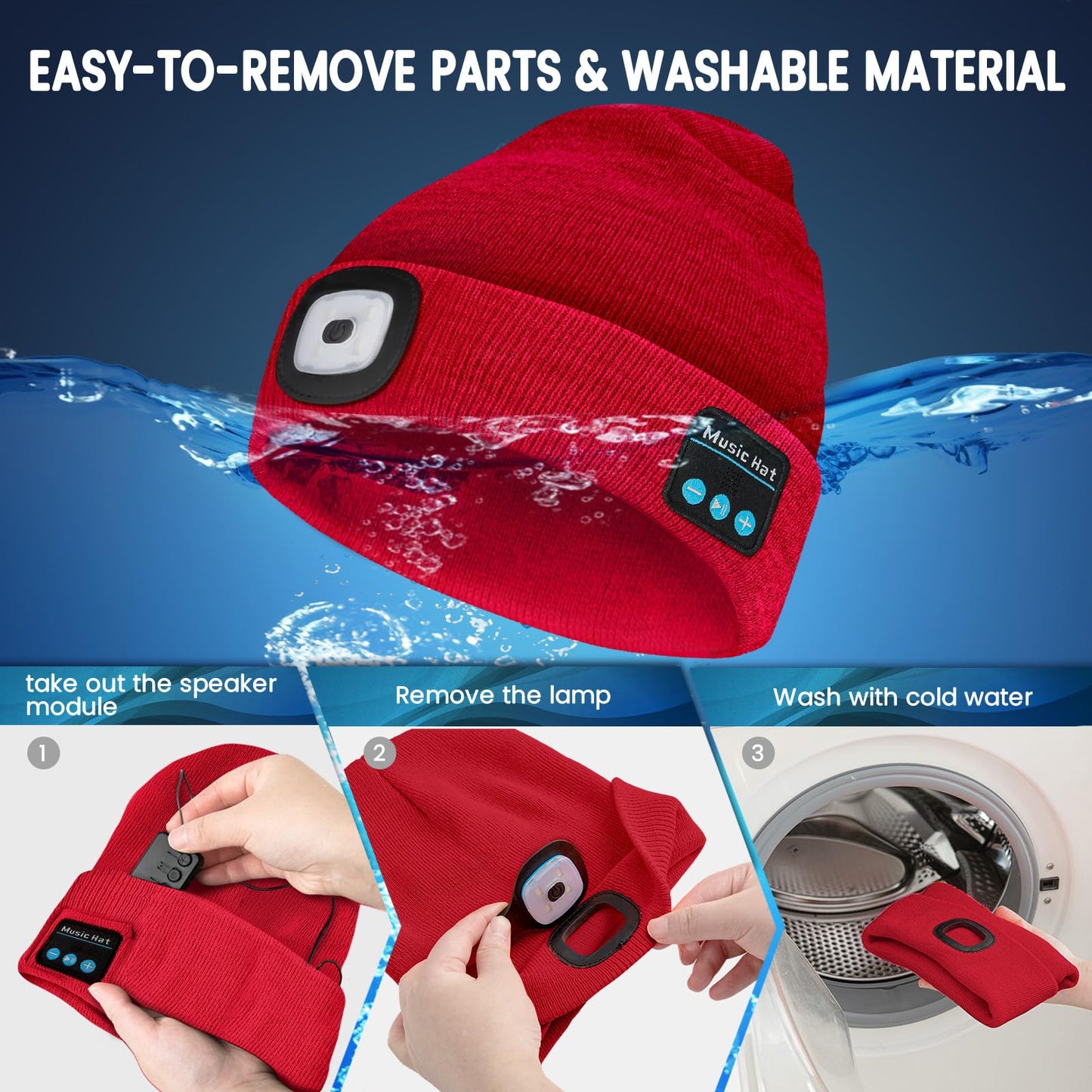 Vibhigh-standard Bluetooth Beanie Hat With Light  Usb Rechargeable Led Headlamp With Wireless Headphones  Christmas Gifts Stocking Stuffers For Men  Teen Boys  Him  Husband  Boyfriend  Red