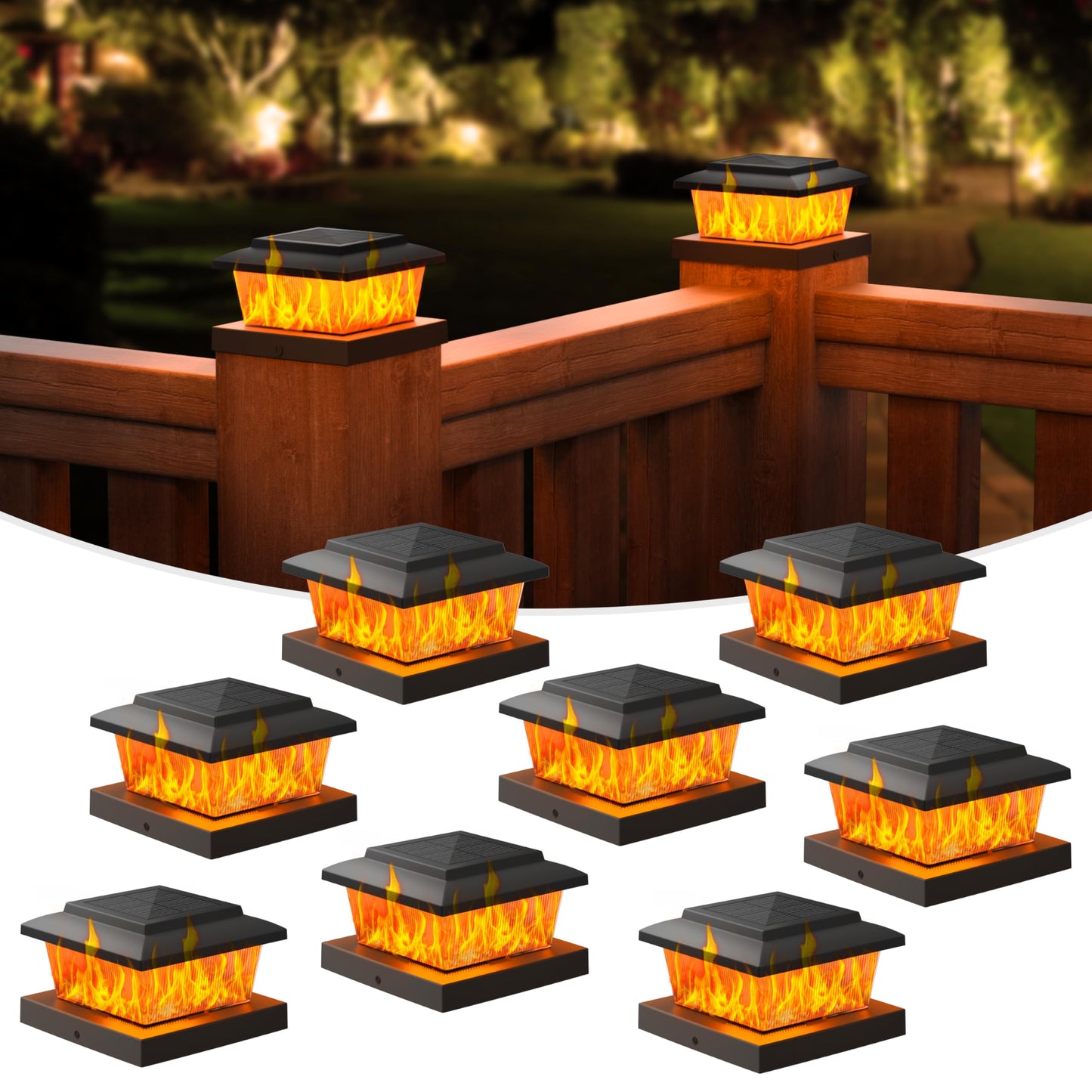 Volisun Solar Fence Post Cap Lights 8Pack  Black Solar Deck Cap Flame Light Outdoor Waterproof  High Brightness Flickering Flame Smd Led Lighting  For 4X4 Wooden/4X4 5X5 Vinyl Post