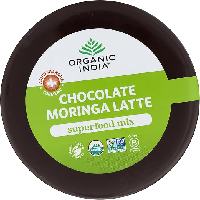 Organic India Chocolate Moringa Latte Powder - Superfood Mix, Moringa Leaf Tea, With Ashwagandha and Turmeric, Dietary Supplement, Stress Support, Rich Cocoa, Caffeine Free - 3.52 Oz