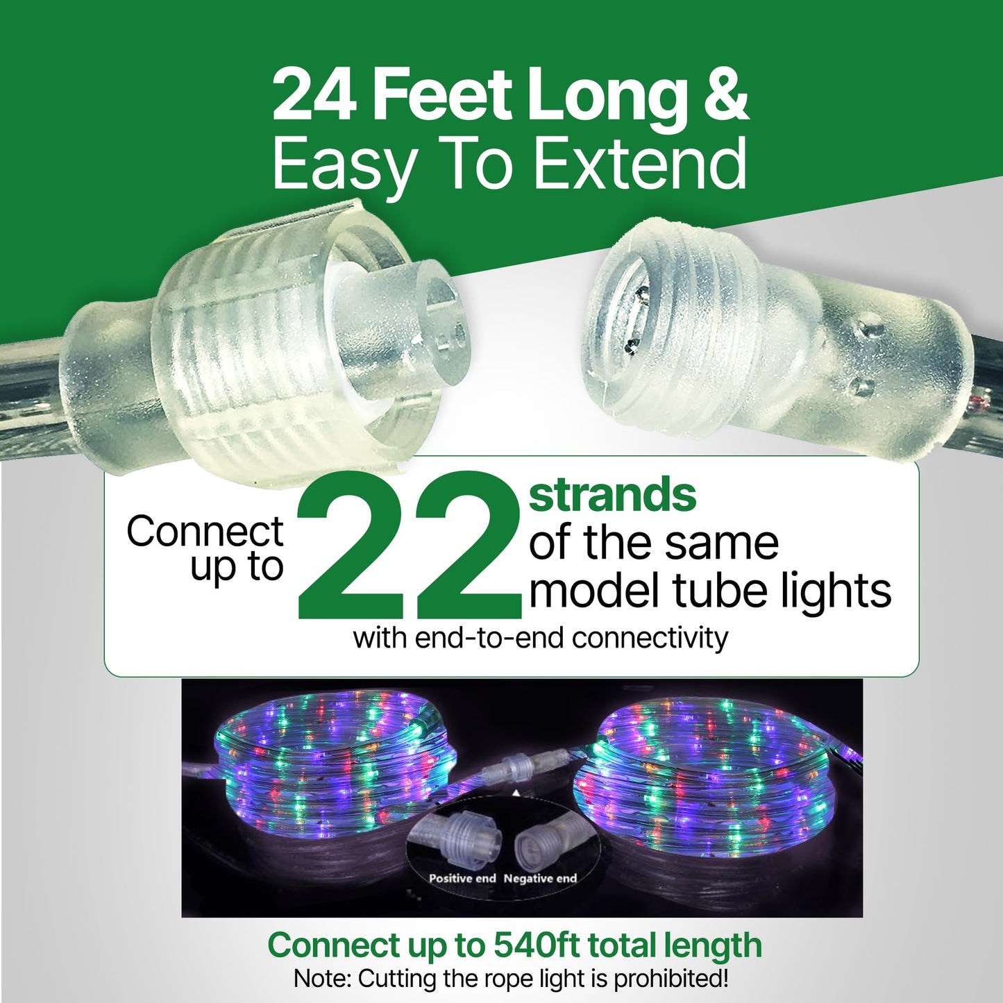 Tupkee LED Rope Light Multi-Color 24 Feet 144 Long Life Bulbs PVC Tube Copper Wire