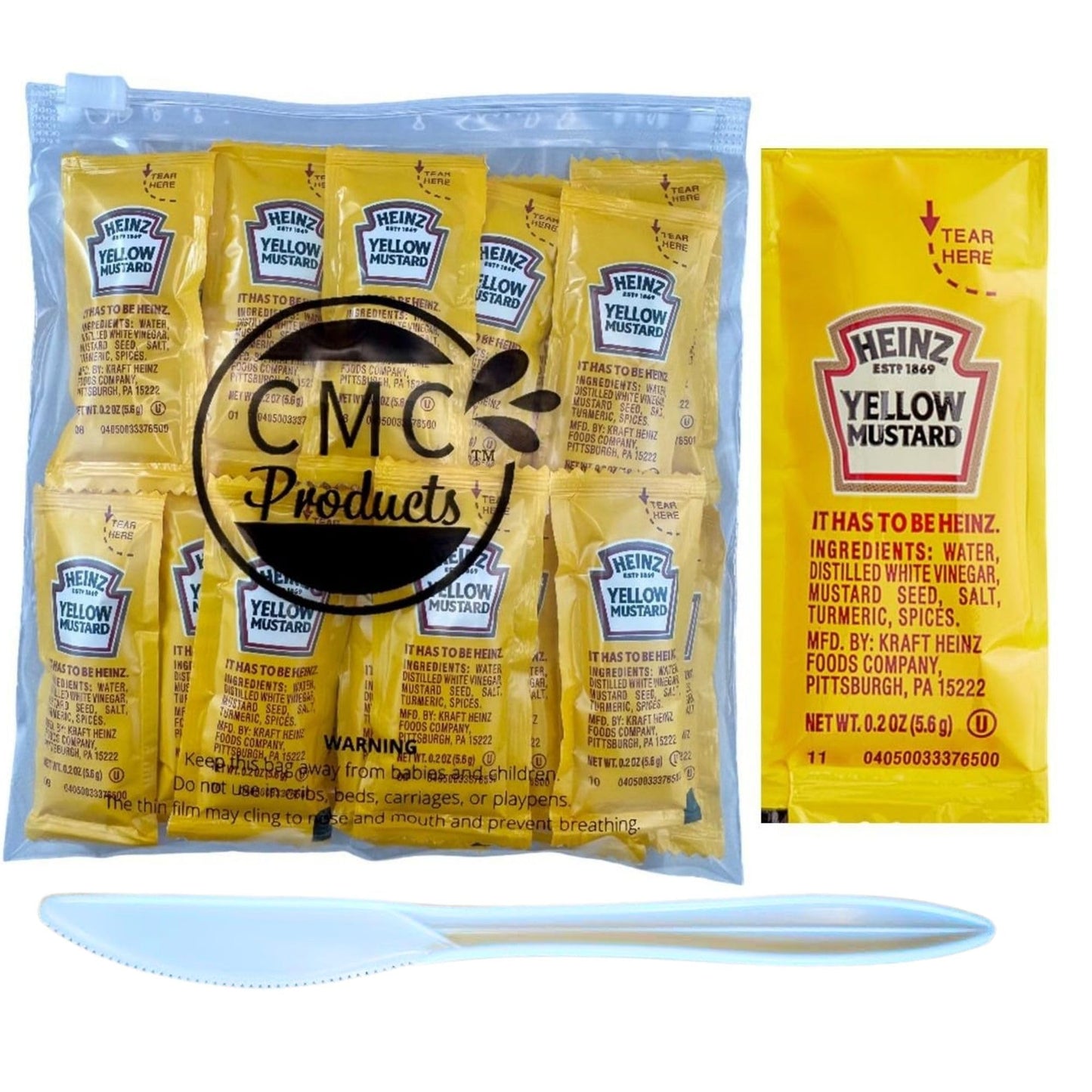 Gift Set - Yellow Mustard Packets 25 Count (5.6g Each) with Spreader in Resealable Slide Seal Bag by CMC Products (25 Packets, M