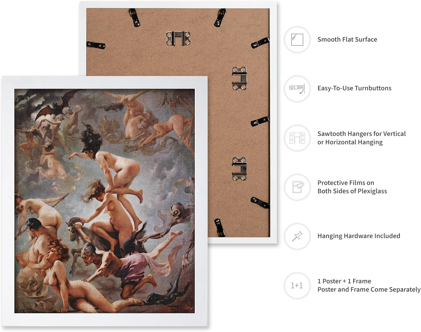 Poster Master Vintage Luis Ricardo Falero Poster - Retro Occult Print - Gift for Gothic, Horror Fan - Witches Going to their Sabbath, Pagan - Wall Decor for Bedroom, Dorm, 16x20 White Framed