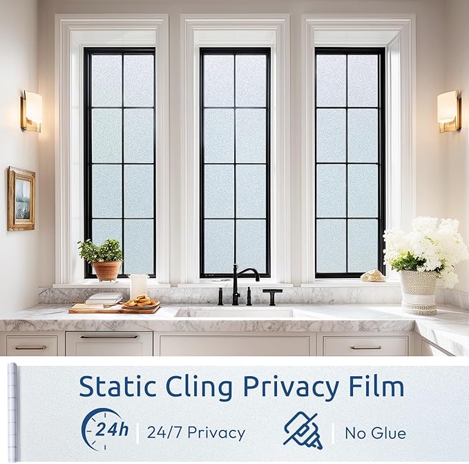 rabbitgoo Frosted Glass Window Privacy Film, No Glue, Anti-Glare Heat Blocking, Easy to Install, Renter Friendly Removable Opaque Bathroom Window Clings for Glass, 23.6 by 78.7 inch