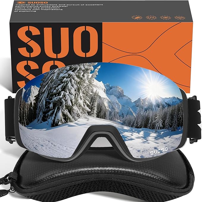suoso Ski Goggles Frameless for Men: Women Magnetic Lens UV400 Protection OTG Anti-Fog Snowboard Goggles