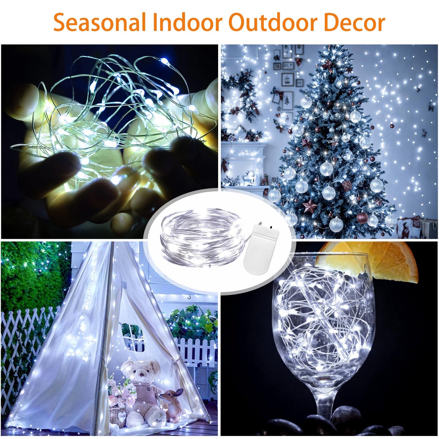 Vookry 30 Led Fairy String Lights - 10Ft Mini Silver Wire, Cool White, Battery Operated, 8 Pack For Crafts & Party Decor