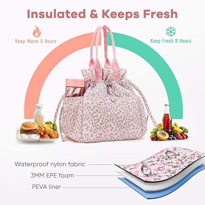 Yarnic Lunch Bag Women Insulated Lunch Bags,Cute Floral Reusable Lunch Box Stain-Resistant Lunchbox with Water Bottle Holder for Adult (Pink Flower)
