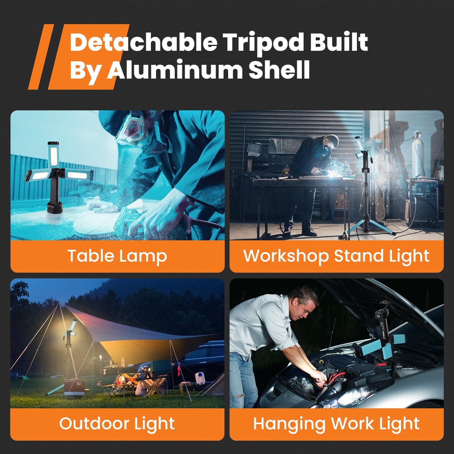 Rechargeable Work Light with Stand, GoGonova Cordless Work Light with Triple LED Lamps, 8AH Battery, 700/1200/2200 Lumen, 4000/6500K Dimmable Camping Light with Detachable Tripod（Blue）