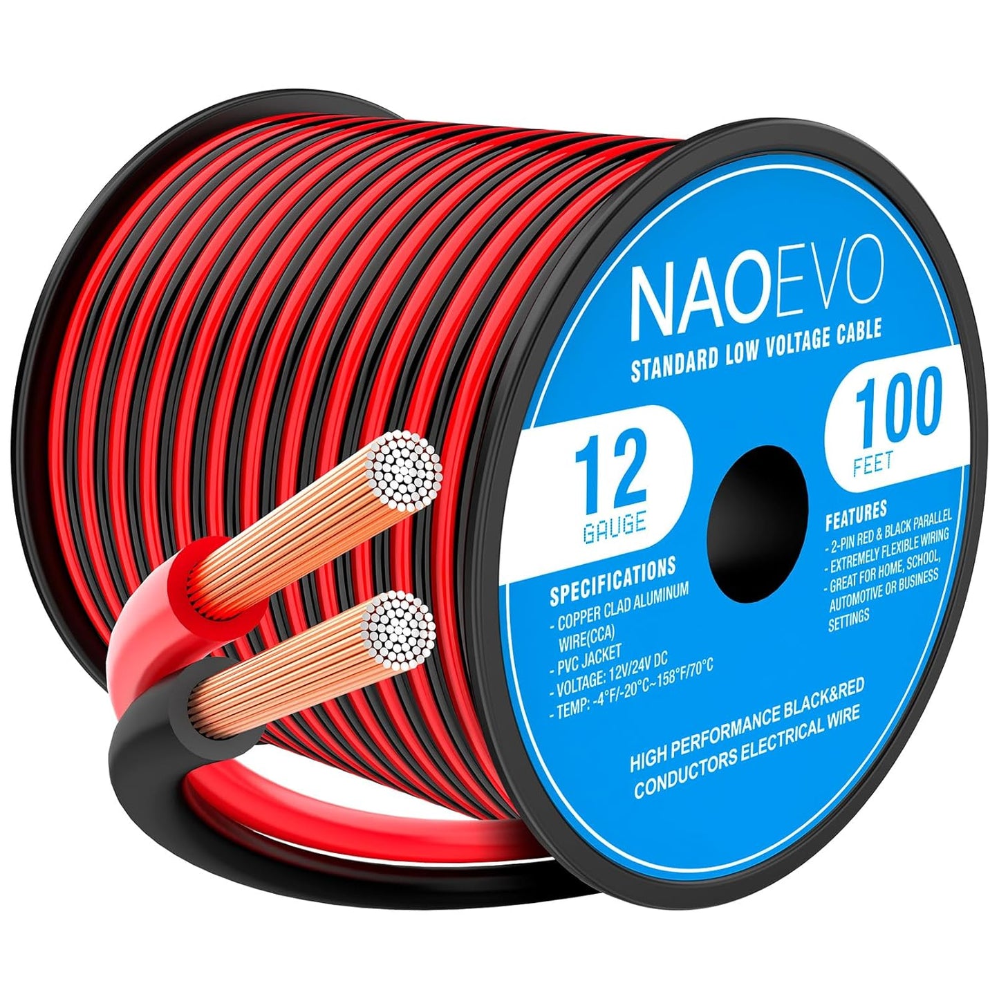 NAOEVO 12 Gauge Wire 100FT, 2 Conductors Electrical Wire Red Black Cable, Flexible/Low Voltage/PVC 12 AWG Copper Clad Aluminum Extension Cord for Speaker, LED Strips, Automotive 12V/24V DC