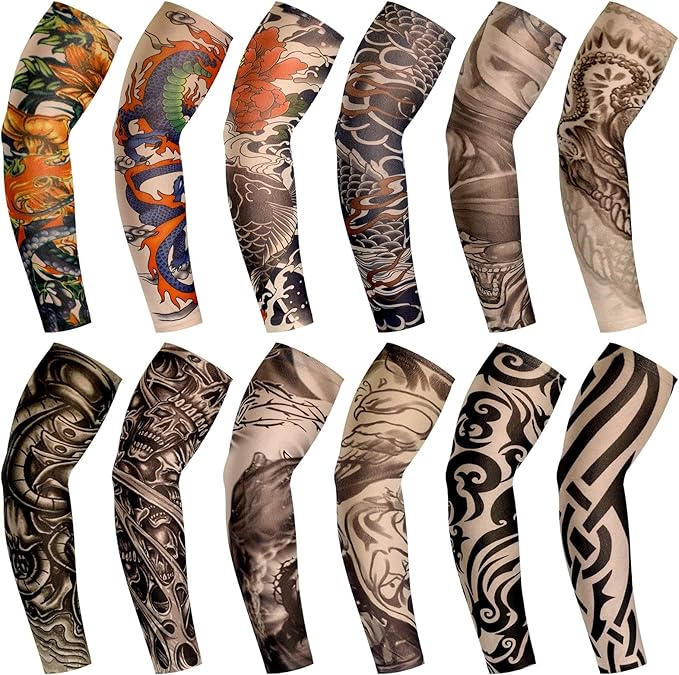 Geyoga 12 Pcs Tattoo Sleeves Fake Arm Sleeves Cover Realistic Soft Elasticity UV Protection for Men Women Working