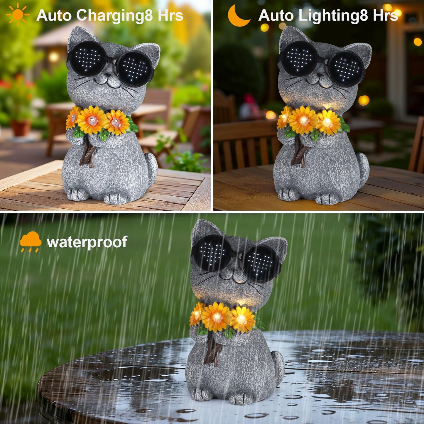 Pawatee Solar Garden Statues Cat with Daisy and LED Lights Birthday Gifts for Women Mom Grandma Solar Outdoor Decor for Patio Backyard Yard Lawn Decoration-Unique Housewarming Gifts