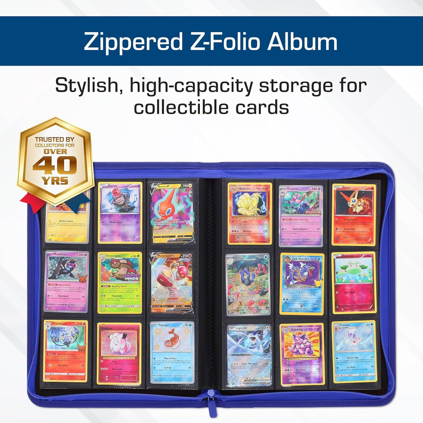 BCW Z-Folio 9-Pocket LX Album - Blue | Secure Zipper Card Organizer | Premium Leatherette Card Collection Binder | Trading Card Binder for Pokemon, MTG, Sport Cards and More