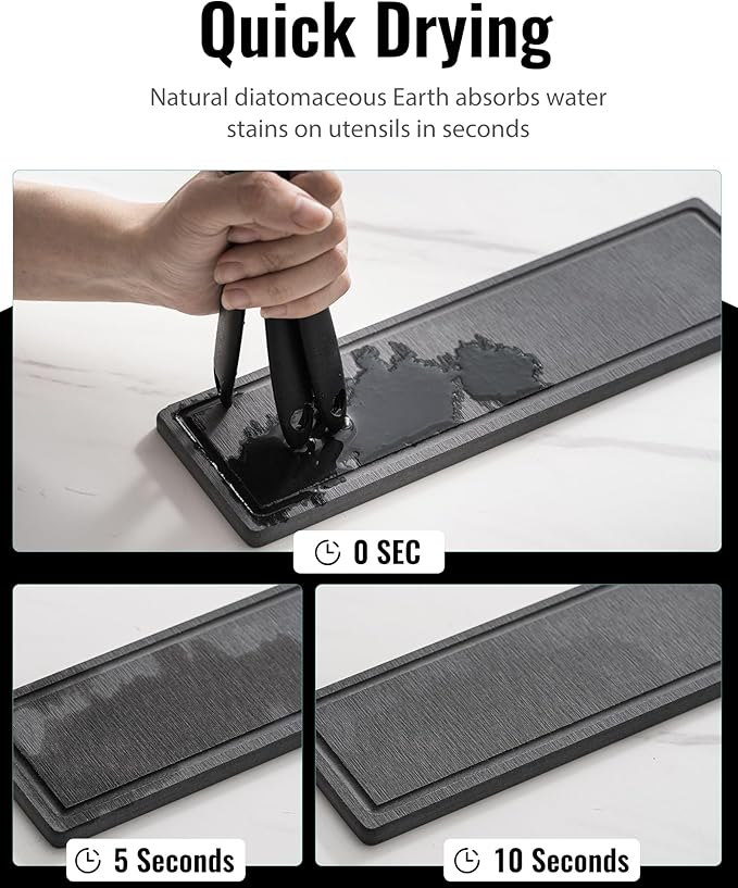 Utensil Holder for Kitchen Counter, Cooking Utensil Holder with Stone Drying Mat for Storage Spatula, Ladle, Scoop in Farmhouse Countertop with Wooden Pattern Printed, Matte Grey