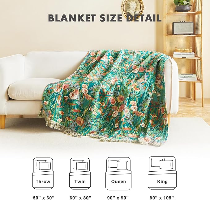 MSGKV Boho Throw Blanket 60"x80" Floral Blankets for Bed 100% Cotton Twin Size Couch Blanket Lightweight Farmhouse Muslin Breathable Home Decor All Seasons