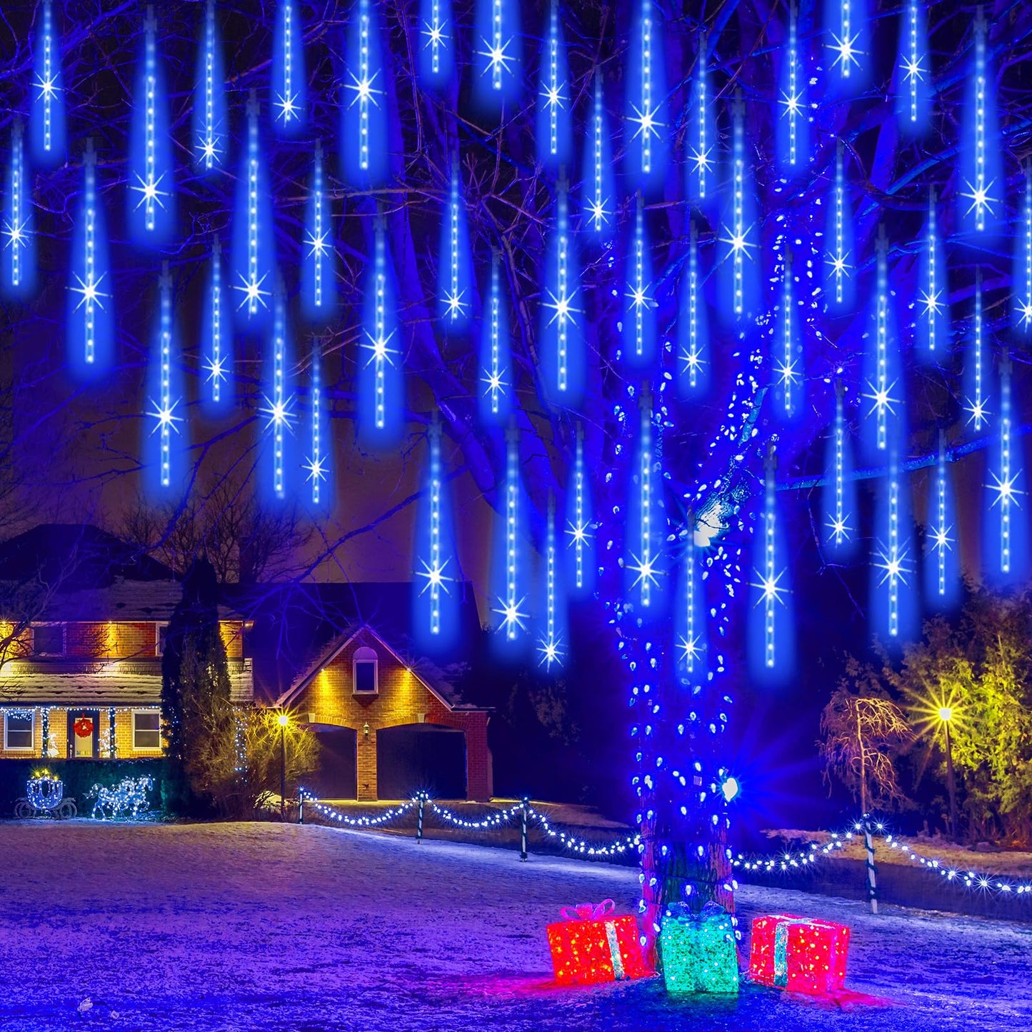 Eagwell 20 Tube 1080 Led Blue Meteor Shower Lights - Waterproof Cascading Lights For Garden, Porch, Wedding, And Christmas Decor