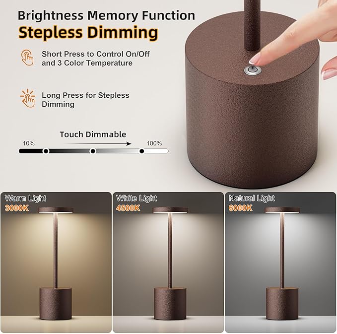 Cordless Table Lamps Rechargeable - Outdoor Waterproof LED Table Light Portable 5000mAh Battery Operated Lamp 3 Color Stepless Dimming with Memory Function for Restaurant Dining Patio Rust