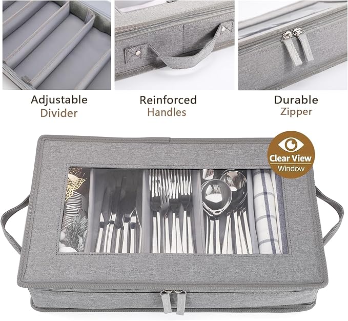 Flatware Utensil Storage Case, Grey Silverware Storage Box Chest with Adjustable Dividers, Removable Cutlery Storage Holder with Zipper Lid for Organizing Spoon/Flatware/Knives