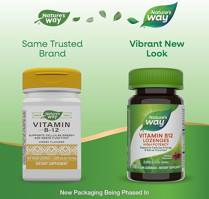 Nature’s Way Vitamin B-12 Lozenges, 2,000 mcg Vitamin B12 per Lozenge, Supports Cellular Energy & Nerve Function*, No Gluten, Vegan, Cherry Flavored, 100 Count (Packaging May Vary)