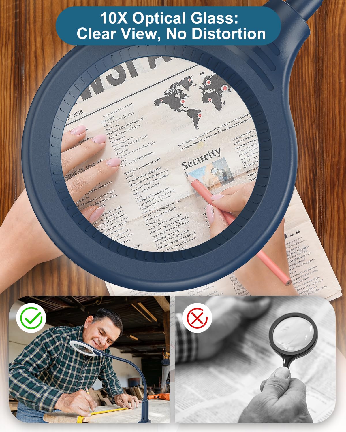 RackydigPro 10X Magnifying Glass with Light, LED 5 Color Modes, Flexible Gooseneck Desk Lamp, Blue, Model LBJT031FE01R