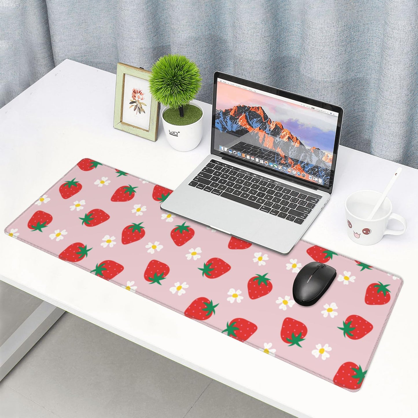 Cute Strawberry Extended Gaming Mouse Pad XL Kawaii Pink Large Mouse Pad 31.5x11.8in 3mm Non-Slip Rubber Base Pink Mousepad Stitched Edges Keyboard Mouse Mat Desk Pad for Women Office Gaming Decor