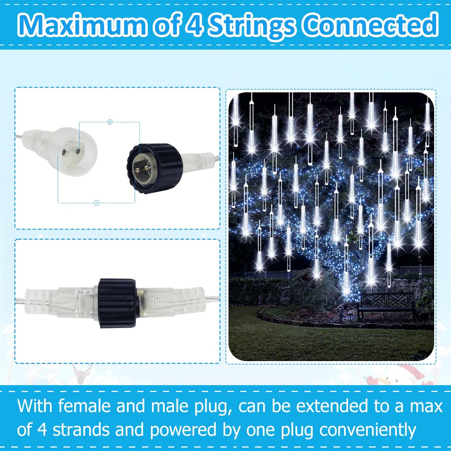2-Pack Christmas Lights Outdoor  16Tubes 384Leds Extendable Meteor Shower Lights  Falling Rain Light Waterproof Plug In Tree Light For Christmas Backyard Garden Patio Xmas Decoration (Cool White)