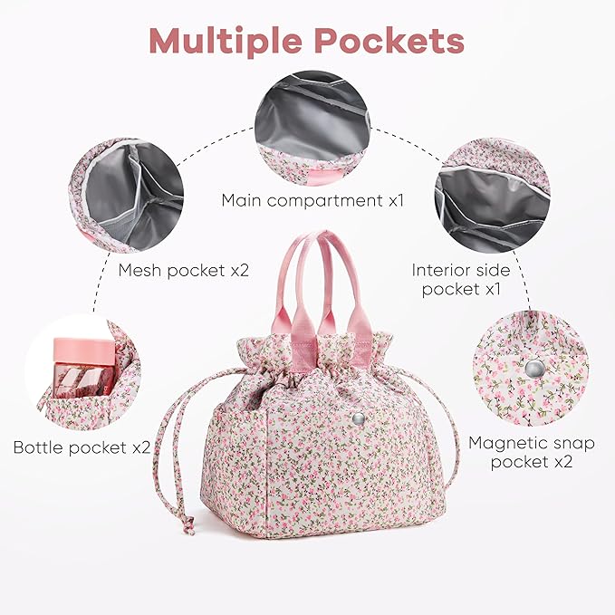 Yarnic Lunch Bag Women Insulated Lunch Bags,Cute Floral Reusable Lunch Box Stain-Resistant Lunchbox with Water Bottle Holder for Adult (Pink Flower)