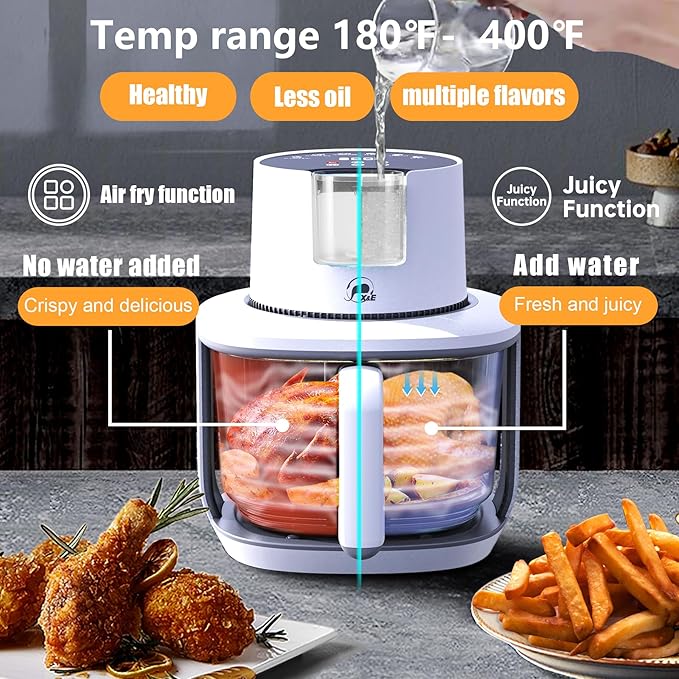 X&E 6-in-1 Glass Air Fryer,4.5QT Large Capacity, Up to 400°F High Heat,Food-Grade Borosilicate Glass,Easy-Clean Nonstick Basket, Smart Timer & Presets,Healthier, Less Oil Cooking