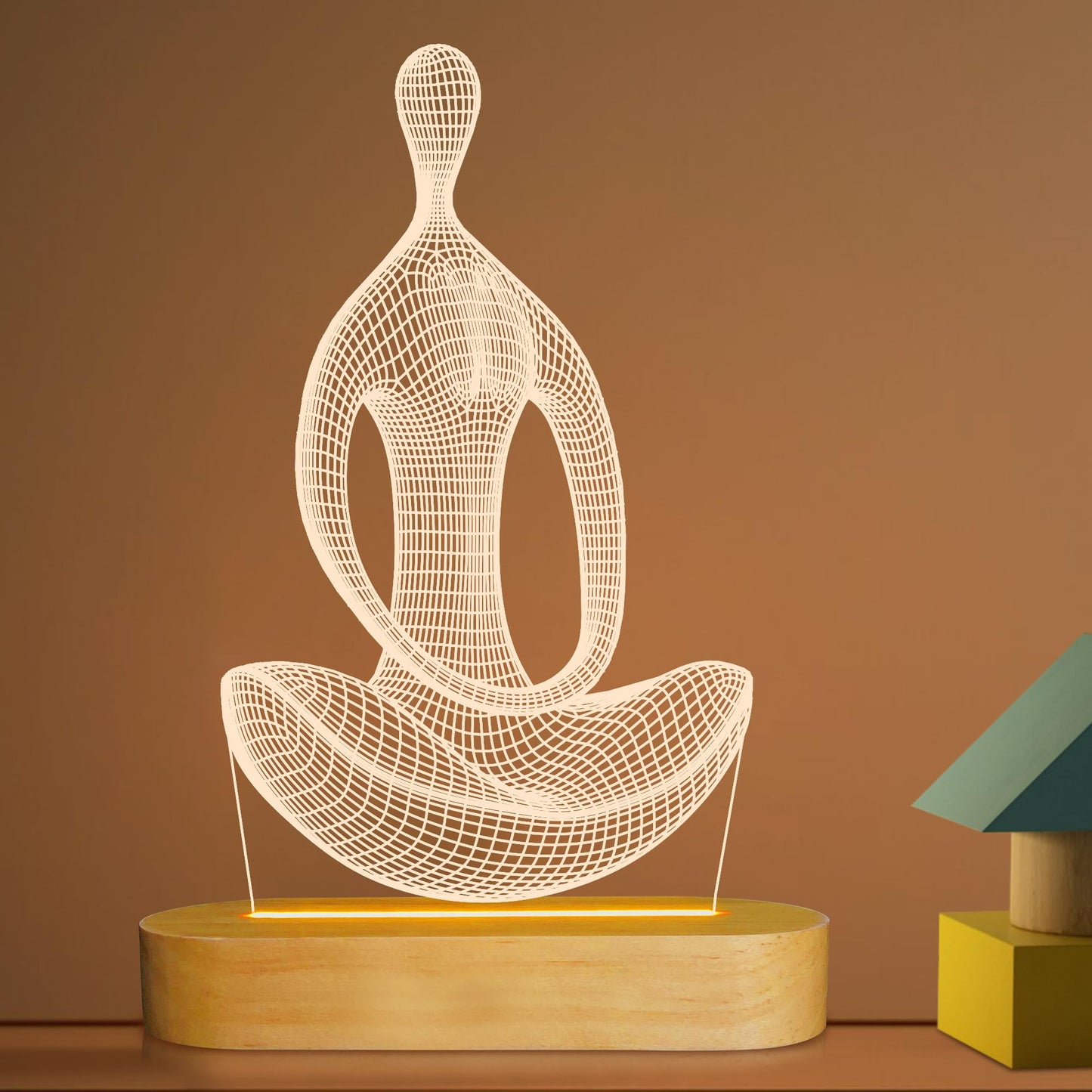 Lightzz Yoga Lamp - Led 3D Night Light For Meditation - Wood Base, Yellow - Model Fs-Xmx001-9999, Perfect Gift For Girls & Women