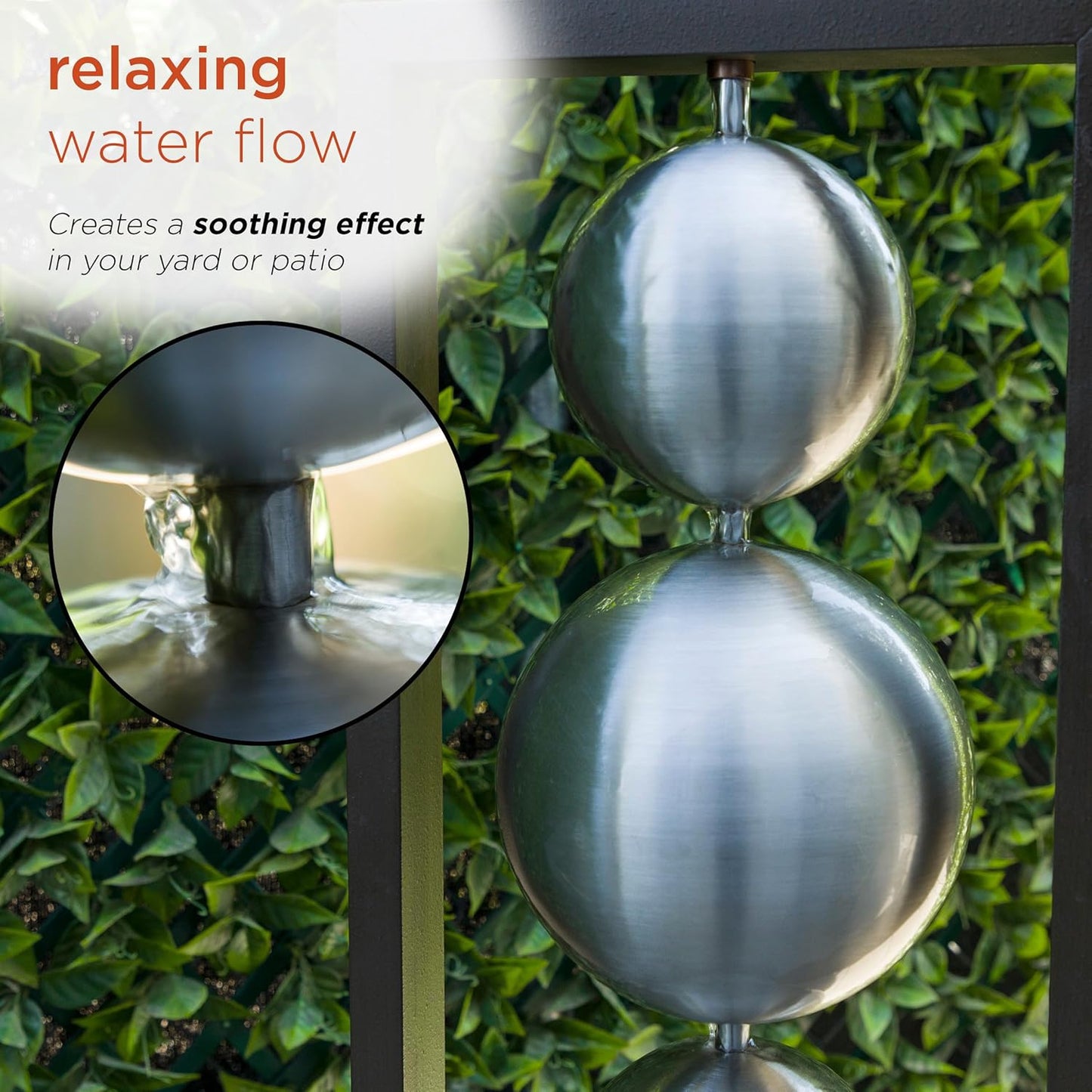Alpine Corporation Outdoor 55" Modern Stainless Steel Geometric Orbs Water Fountain, Soothing Water Feature for Patios, Gardens, and Outdoor Decor, Brown