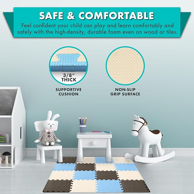ProSource Foam Puzzle Floor Play Mat for Kids and Babies with Solid Colors, 36 or 16 Interlocking Tiles with Borders, Blue/Brown/Beige