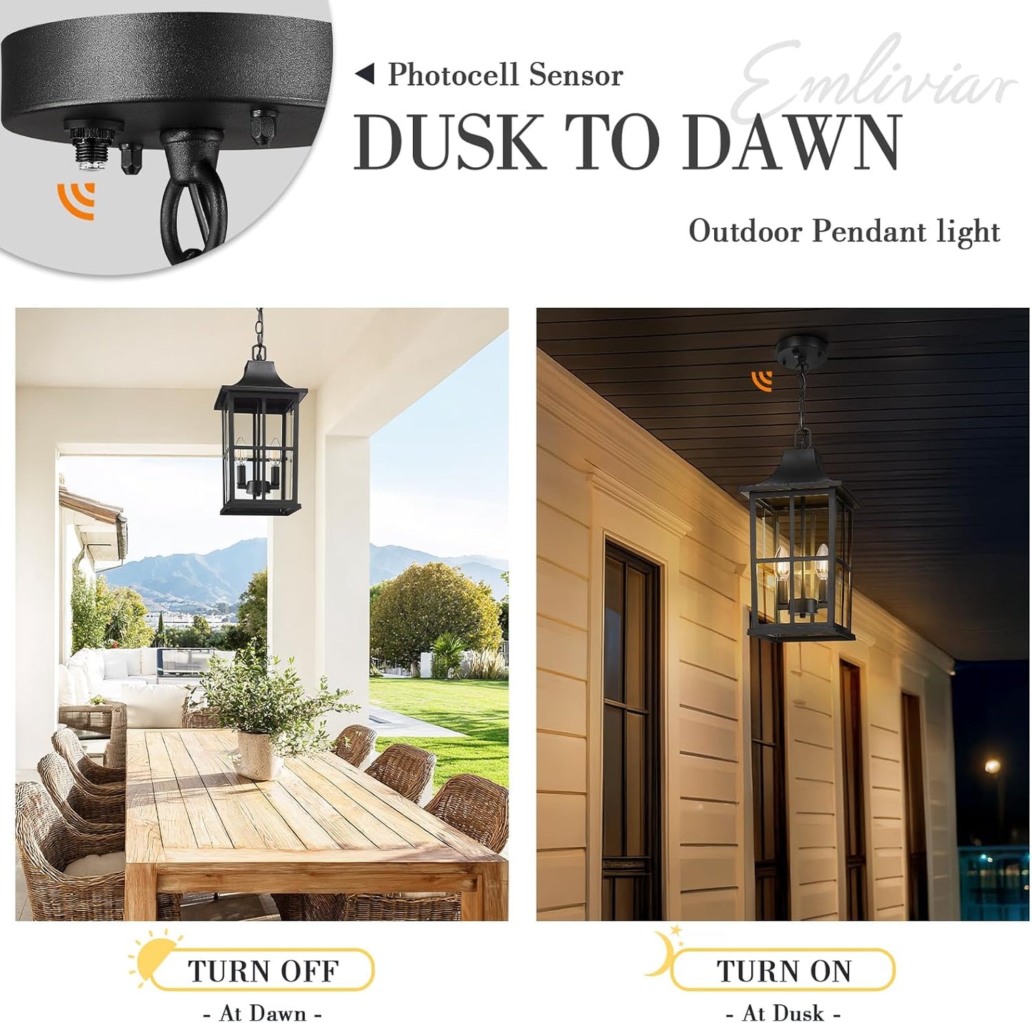 Emliviar Dusk to Dawn 2-Light Large Porch Light Outside Chandelier for Yard, 15.4" Black Hanging Lantern Light Fixture with E12 Base, Clear Glass, YXE306H-M-PC BK