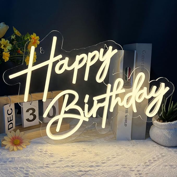 Happy Birthday Neon Sign for Wall Decor, 17×12 Inch Warm White LED Neon Light Signs, Art Decoration Happy Birthday Neon Li...