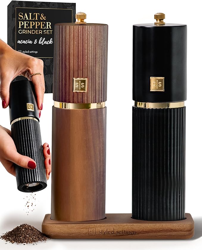 Wooden Salt and Pepper Grinder Set – Refillable Manual Salt and Pepper Mills with Adjustable Ceramic Burrs, Gold Detailing, and Acacia Wood Stand – Ideal Kitchen Gift