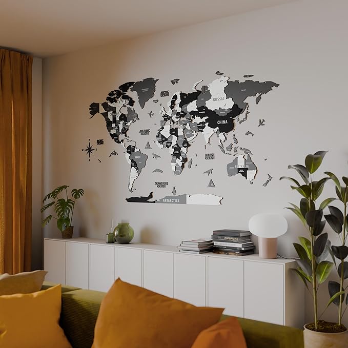 Colorfull Worlds 3D Wooden World Map Wall Art | Unique Wall Decor with Pins for Travel Enthusiasts | Home and Office Wall Décor | Grey | XXLarge