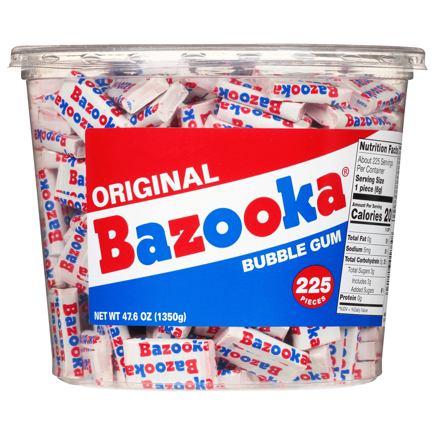 Bazooka Bubble Gum Valentines Day 225 Count Individually Wrapped Pink Chewing Gum in Original Flavor - Bulk Bubble Gum Tub - Fu