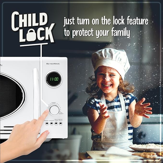 Nostalgia Retro Countertop Microwave Oven, 0.9 Cu. Ft. 800-Watts with LED Digital Display, Child Lock, Easy Clean Interior, Cu.Ft, White