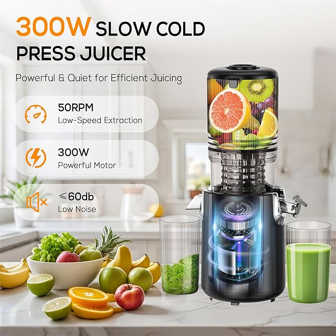 Cold Press Juicer Machines, 5.3” Large Feed Chute Slow Masticating Juicer for Whole Fruits & Vegetables, 300W Quiet Juice Extractor, Easy to Clean, 99% High Juice Yield, Black