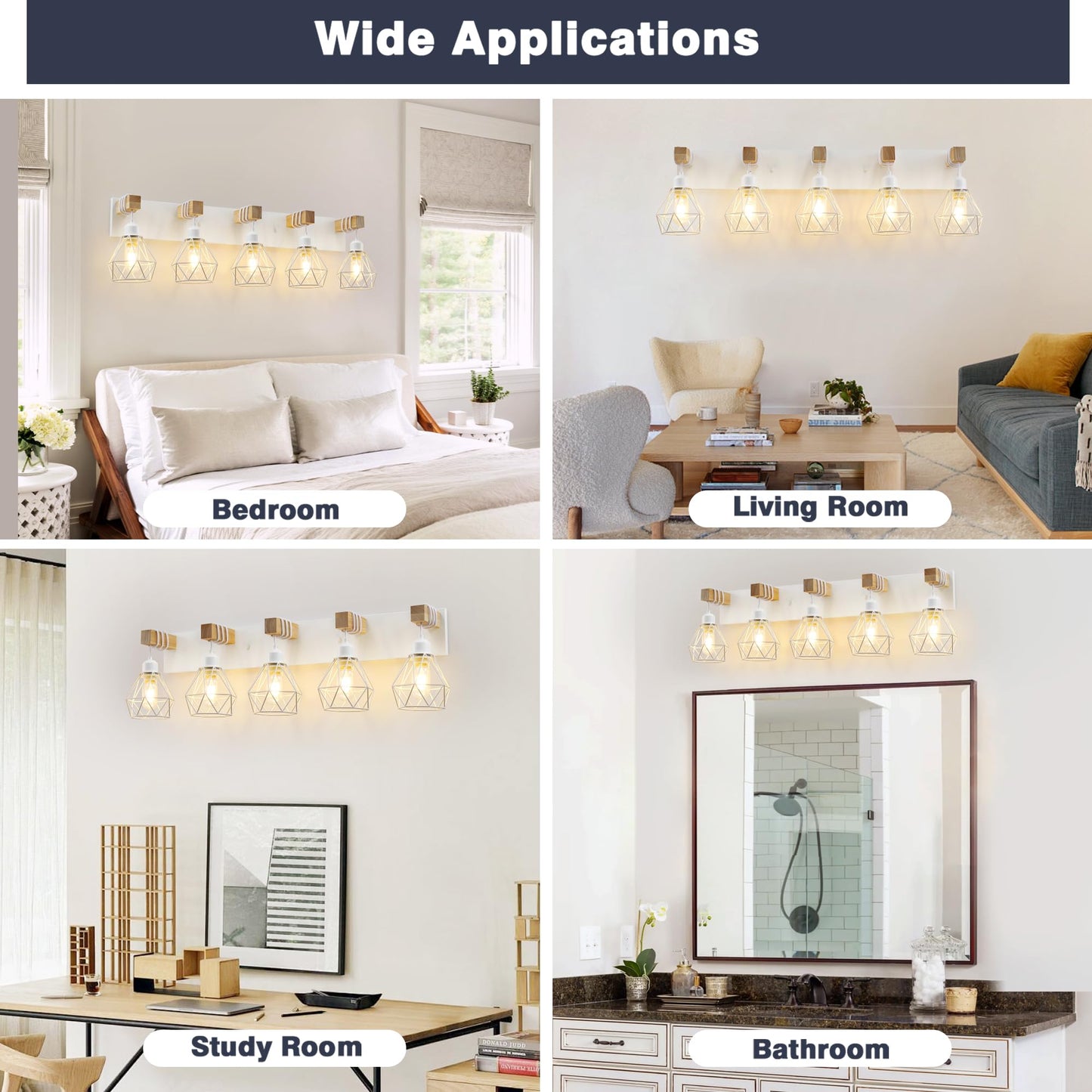 White Bathroom Vanity Light Fixtures, 5-Light Wood Bathroom Light Fixtures Over Mirror, Rustic Sconces Wall Lighting with Elegant Metal Lampshade for Living Room, Bedroom, Hallway