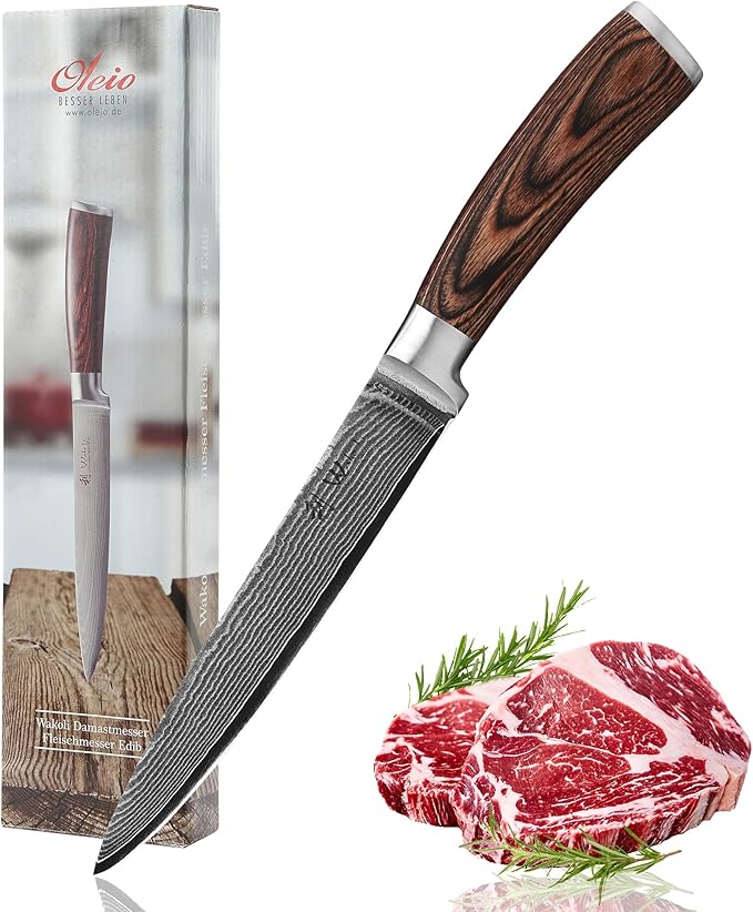 Wakoli EDIB Damascus Meat Knife – 7-Inch Japanese Style Kitchen Knife for Meat, BBQ & Roasts | Genuine 67-Layer Damascus Steel Blade with VG10 Core | Ergonomic Pakkawood Handle | Premium Knife