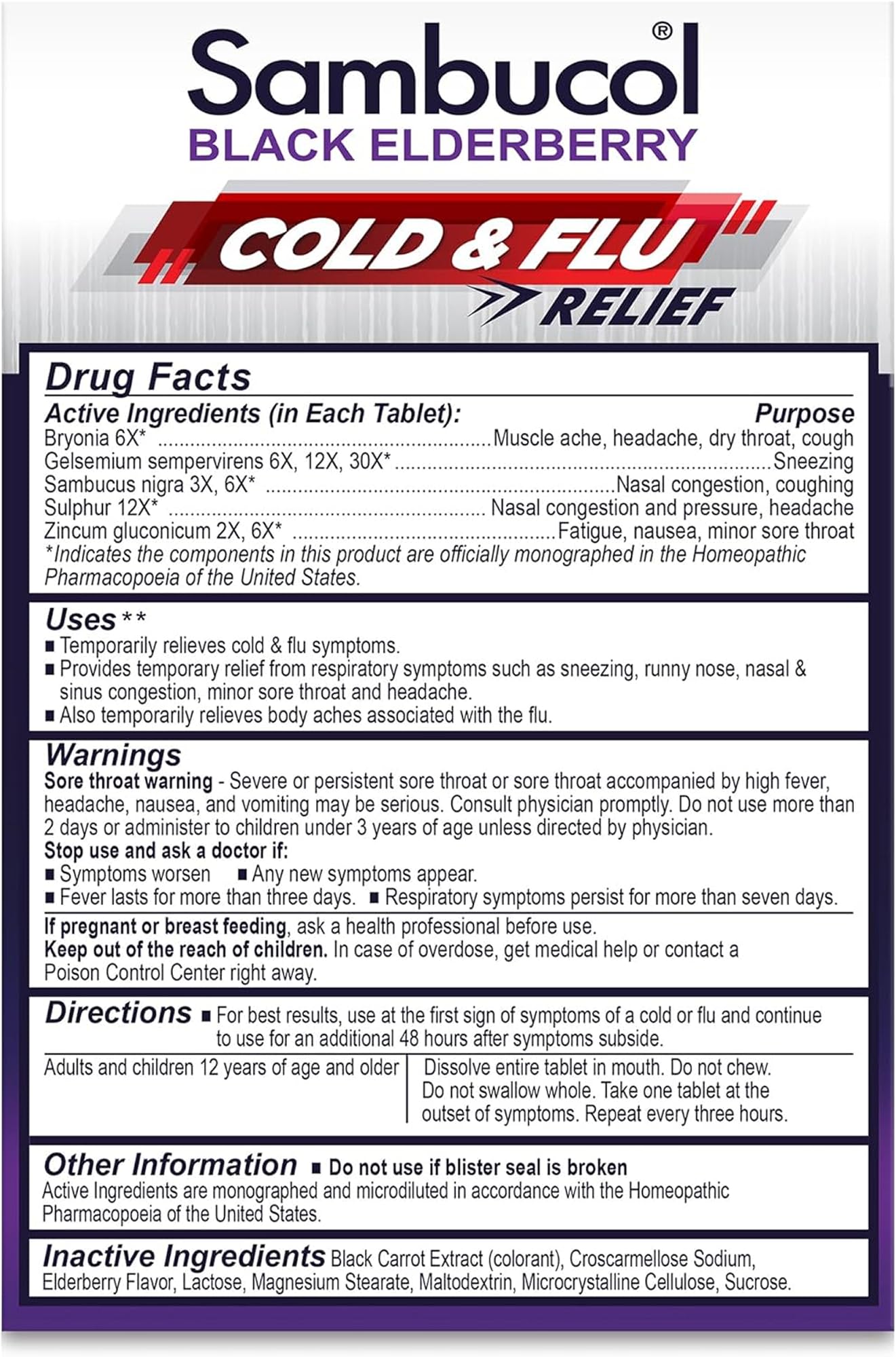 Sambucol Cold and Flu Relief Tablets - Homeopathic Cold Medicine, Cold Remedy for Adults, Black Elderberry for Colds, Zinc Cold Remedy - 60 Count