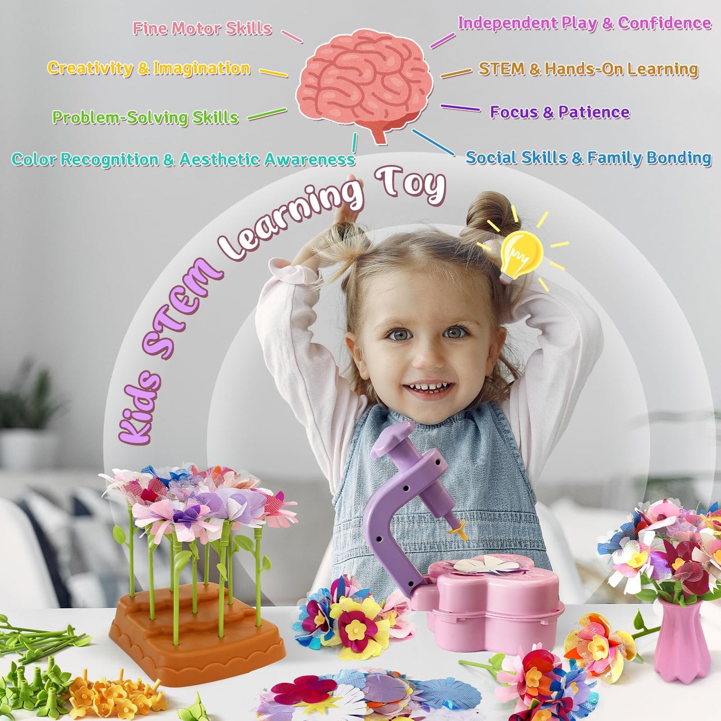 Fabric Flower Bouquets Toys – Mess-Free Flower Crafts for Kids & DIY Arts and Crafts for Child Ages 3 4 5 6 7 8 9+, No Glue Needed, Fun Early Educational STEM Gift for Birthdays, Christmas, Holidays