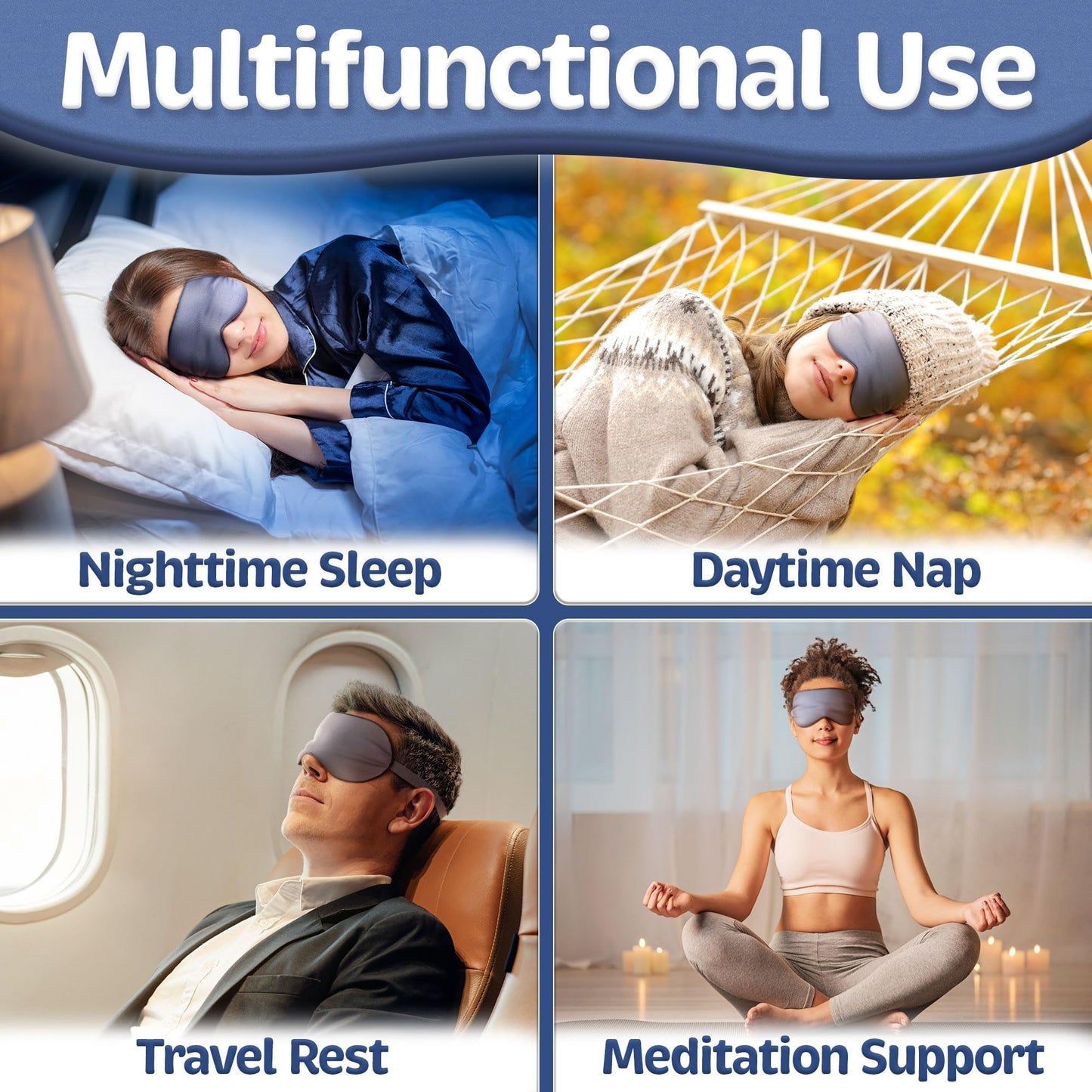 Vegan Silk - Sleep Mask - Navy Gray, 100% Viscose Derived from Bamboo - Lightweight Eye Mask with Adjustable Strap - Blackout Sleeping Blindfold for Women & Men - Comfortable Light Blocking Eye Cover