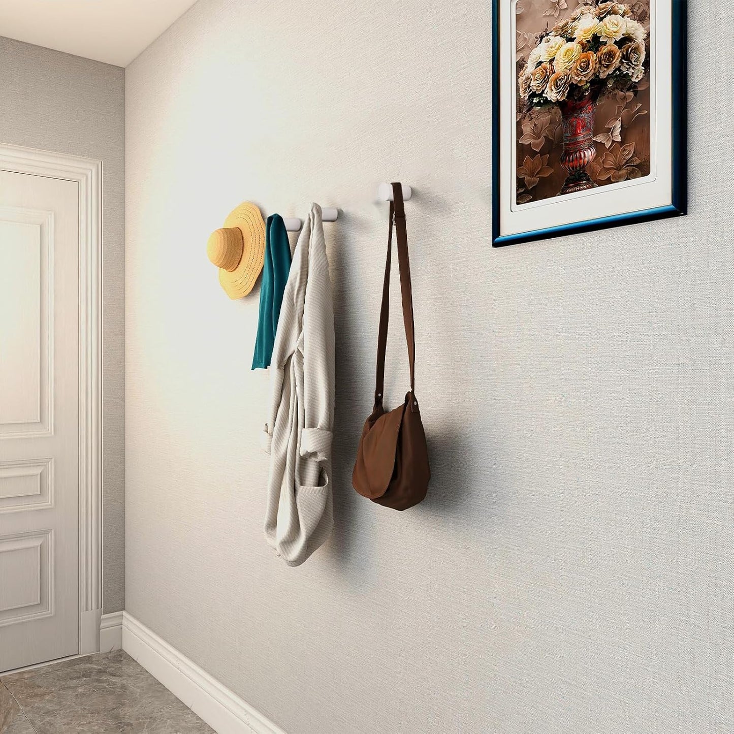 Wood Wall Hooks, 4 Pack White Decorative Coat Hooks Wall Mounted, Modern Hat Hooks Heavy Duty Entryway Wall Hangers for Hanging Purse, Towels, Clothes, Backpack