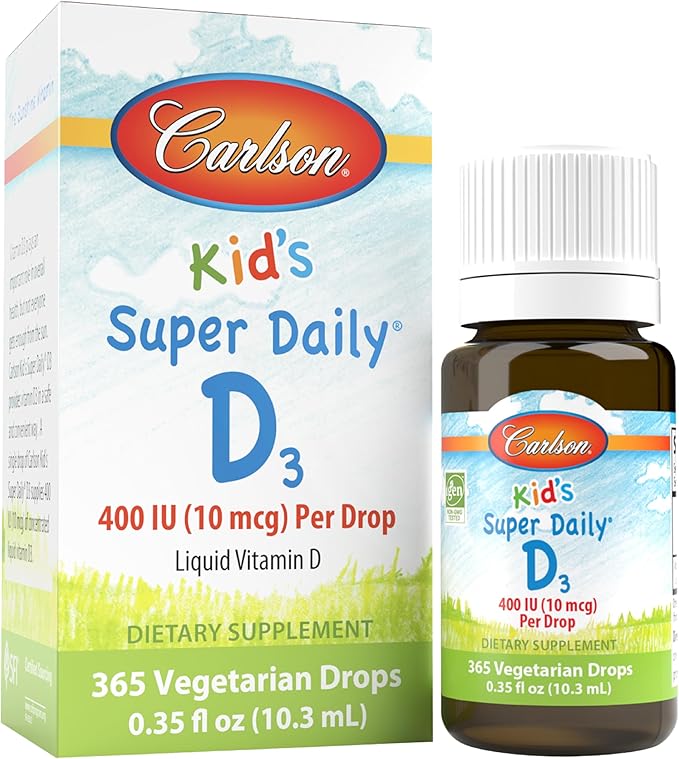 Carlson - Kid's Super Daily D3, Kids Vitamin D Drops, 400 IU (10 mcg) per Drop, Heart & Immune Health, Vegetarian, Liquid Vitamin D Drops, Unflavored, 365 Drops